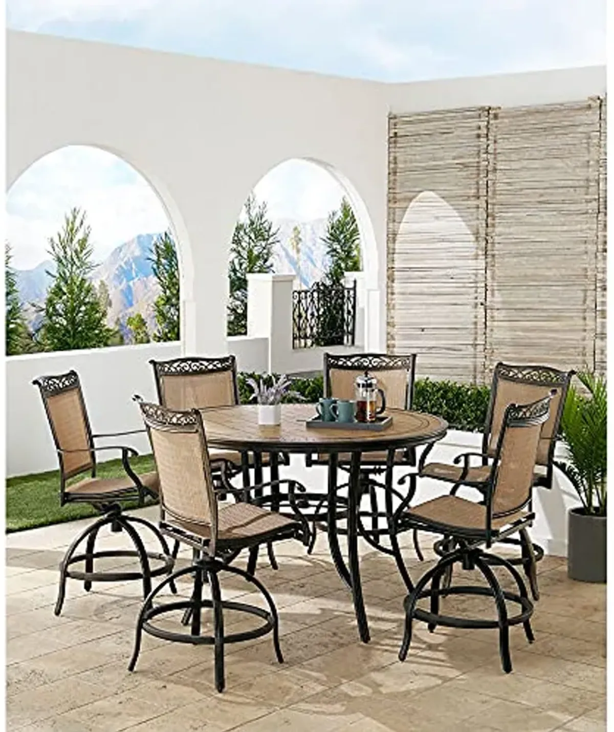 Hanover Fontana 7-Piece Outdoor High-Dining Patio Set, 6 Sling Swivel Counter-Height Chairs and 56" Round Tile-Top Table, Brushed Bronze Finish, Rust-Resistant, All-Weather - FNTDN7PCPBRTN