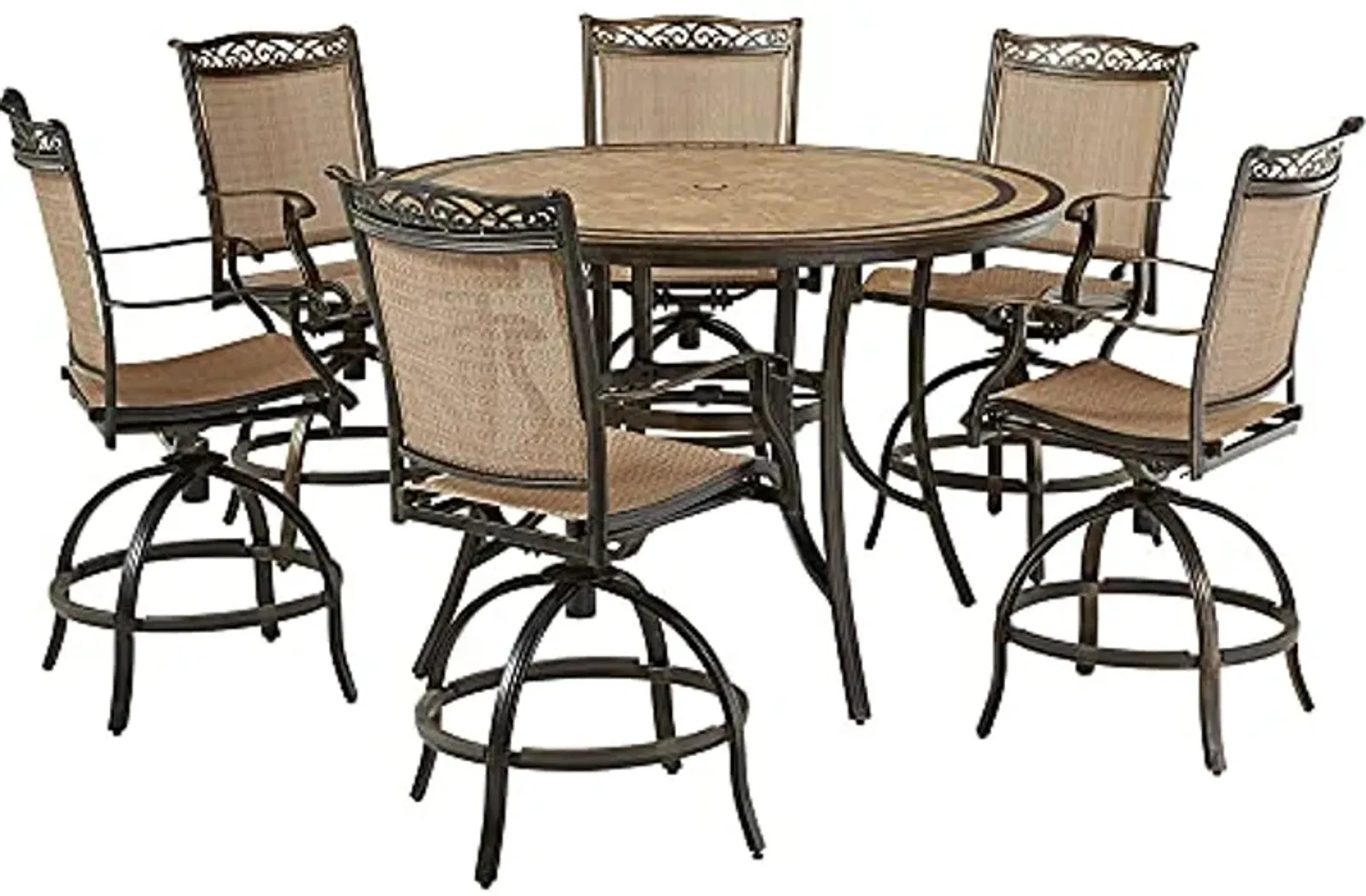 Hanover Fontana 7-Piece Outdoor High-Dining Patio Set, 6 Sling Swivel Counter-Height Chairs and 56" Round Tile-Top Table, Brushed Bronze Finish, Rust-Resistant, All-Weather - FNTDN7PCPBRTN