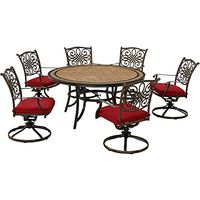 Hanover Monaco 7-Piece Outdoor Patio Dining Set, 6 Cushioned Swivel Rocker Chairs and 60" Round Tile Table, Brushed Bronze Finish, Rust-Resistant, All-Weather - MONDN7PCSW6RDTL-C-RED