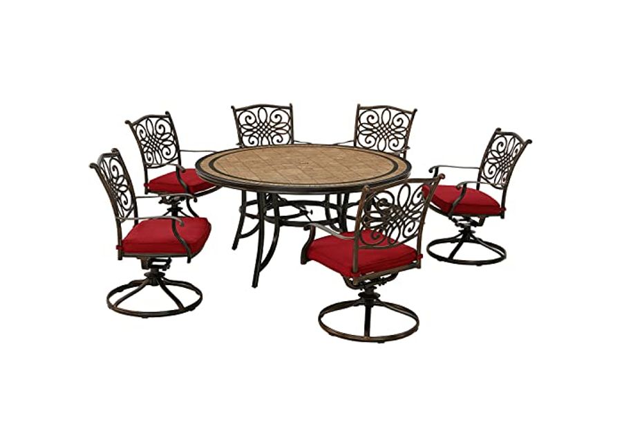 Hanover Monaco 7-Piece Outdoor Patio Dining Set, 6 Cushioned Swivel Rocker Chairs and 60" Round Tile Table, Brushed Bronze Finish, Rust-Resistant, All-Weather - MONDN7PCSW6RDTL-C-RED