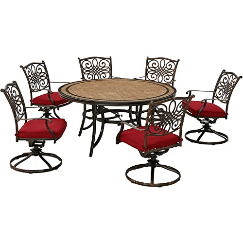 Hanover Monaco 7-Piece Outdoor Patio Dining Set, 6 Cushioned Swivel Rocker Chairs and 60" Round Tile Table, Brushed Bronze Finish, Rust-Resistant, All-Weather - MONDN7PCSW6RDTL-C-RED