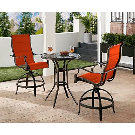 Hanover Traditions 3-Piece Outdoor High Dining Patio Set, 2 Counter-Height Padded Sling Swivel Chairs and 30" Round Cast Aluminum Table, Brushed Bronze Finish, Rust-Resistant, All-Weather