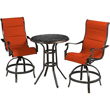 Hanover Traditions 3-Piece Outdoor High Dining Patio Set, 2 Counter-Height Padded Sling Swivel Chairs and 30" Round Cast Aluminum Table, Brushed Bronze Finish, Rust-Resistant, All-Weather