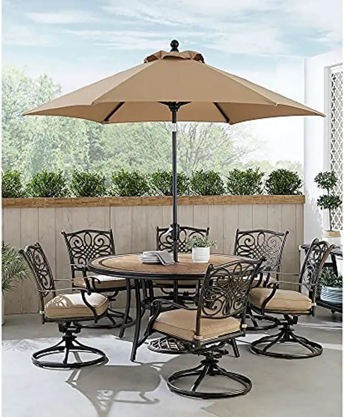 Hanover Monaco 7-Piece Outdoor Patio Dining Set, 6 Cushioned Swivel Rocker Chairs, 60" Round Tile Table, 9' Umbrella, and Umbrella Base, Brushed Bronze Finish, Rust-Resistant, All-Weather