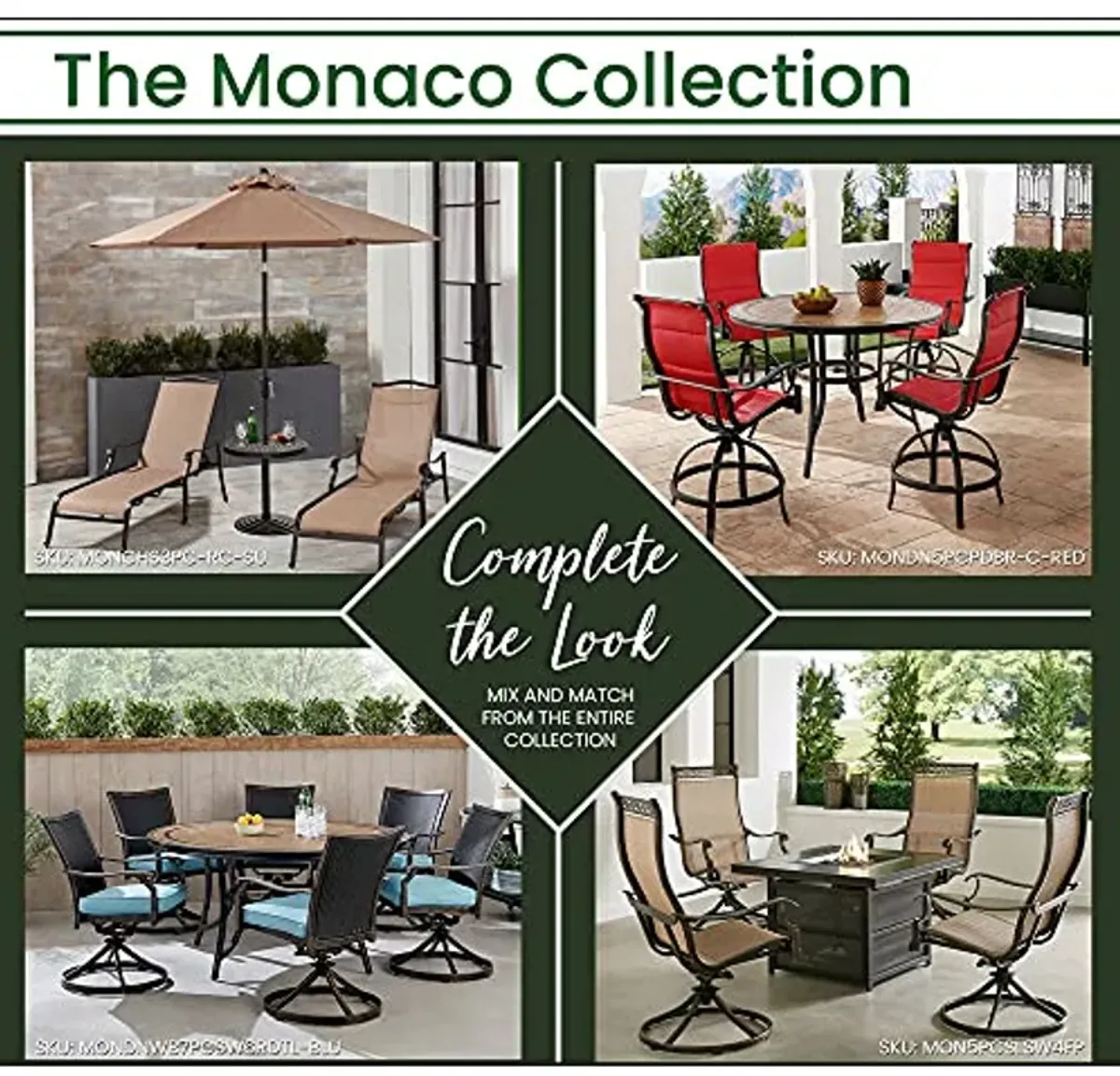 Hanover Monaco 7-Piece Outdoor Patio Dining Set, 6 Cushioned Swivel Rocker Chairs, 60" Round Tile Table, 9' Umbrella, and Umbrella Base, Brushed Bronze Finish, Rust-Resistant, All-Weather