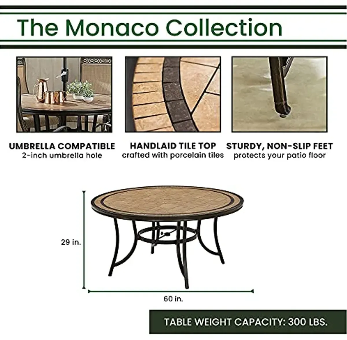 Hanover Monaco 7-Piece Outdoor Patio Dining Set, 6 Cushioned Swivel Rocker Chairs, 60" Round Tile Table, 9' Umbrella, and Umbrella Base, Brushed Bronze Finish, Rust-Resistant, All-Weather