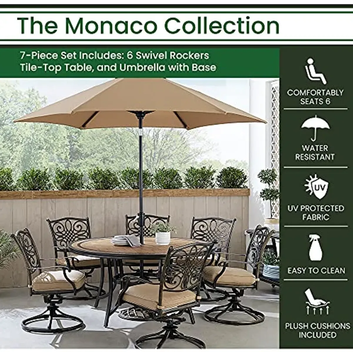 Hanover Monaco 7-Piece Outdoor Patio Dining Set, 6 Cushioned Swivel Rocker Chairs, 60" Round Tile Table, 9' Umbrella, and Umbrella Base, Brushed Bronze Finish, Rust-Resistant, All-Weather