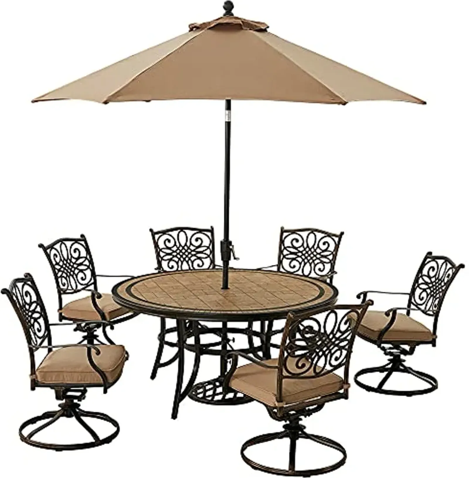 Hanover Monaco 7-Piece Outdoor Patio Dining Set, 6 Cushioned Swivel Rocker Chairs, 60" Round Tile Table, 9' Umbrella, and Umbrella Base, Brushed Bronze Finish, Rust-Resistant, All-Weather