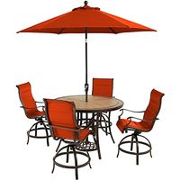 Hanover Monaco 5-Piece Outdoor High Dining Patio Set, 4 Counter-Height Padded Sling Swivel Chairs, 56" Round Tile Table, 9' Umbrella, and Umbrella Base, Brushed Bronze Finish, Rust-Resistant