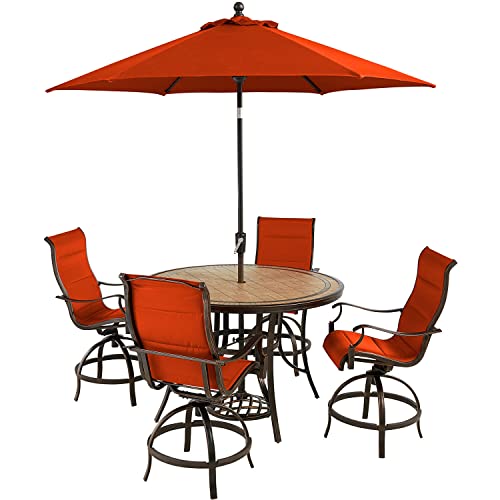 Hanover Monaco 5-Piece Outdoor High Dining Patio Set, 4 Counter-Height Padded Sling Swivel Chairs, 56" Round Tile Table, 9' Umbrella, and Umbrella Base, Brushed Bronze Finish, Rust-Resistant