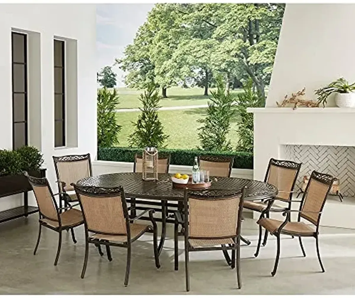 Hanover Fontana 9-Piece Outdoor Patio Dining Set, 8 Sling Stationary Chairs and 95"x60" Oval Cast Aluminum Table, Brushed Bronze Finish, Rust-Resistant, All-Weather