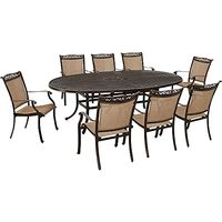 Hanover Fontana 9-Piece Outdoor Dining Set with 8 Sling Dining Chairs and 95-in. x 60-in. Oval Cast-Top Dining Table