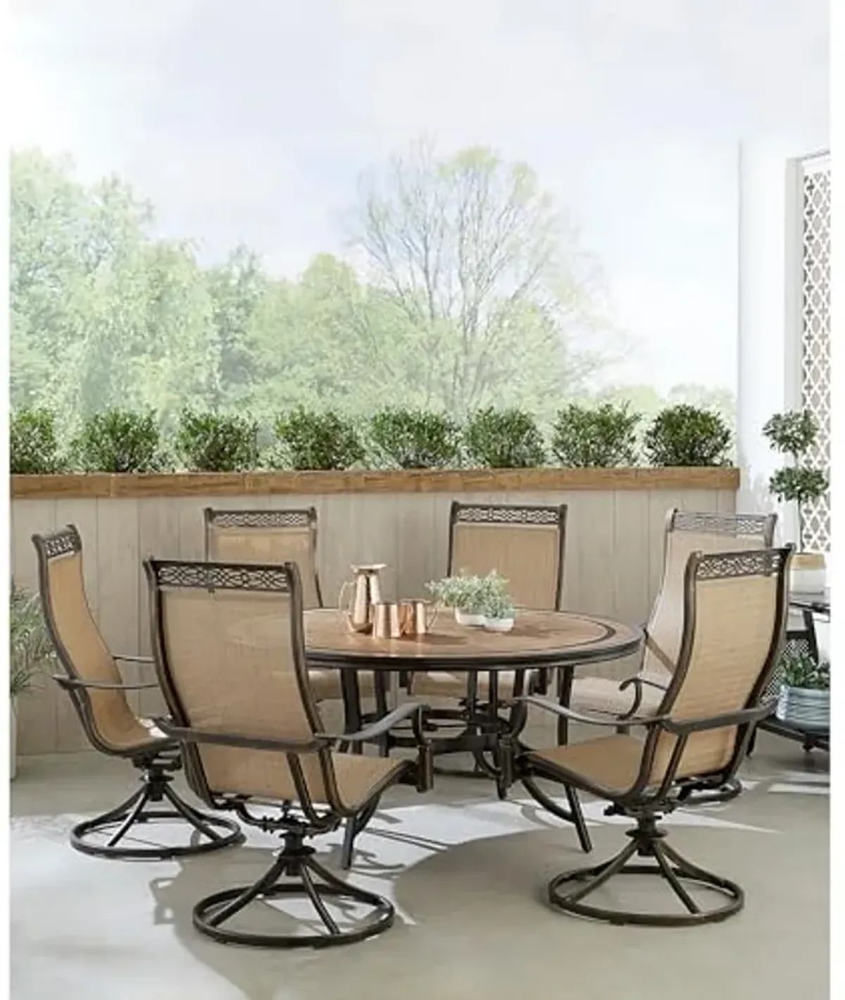 Hanover Monaco 7-Piece Outdoor Dining Set, 6 Sling Swivel Rocker Chairs and 60" Round Tile Table, Brushed Bronze Finish, Rust-Resistant, All-Weather Patio Dining Set for 6 for Backyard, Deck, Porch