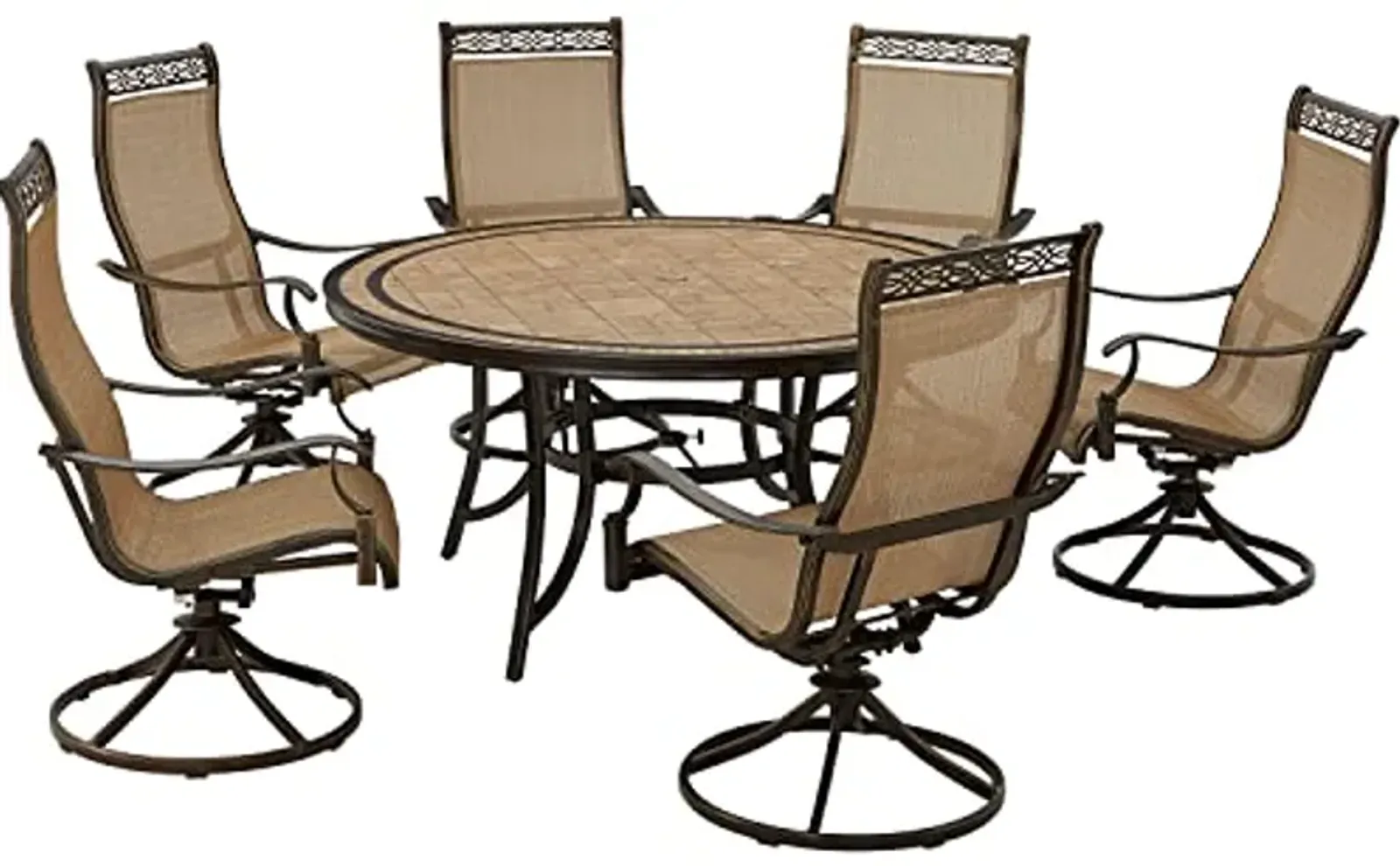 Hanover Monaco 7-Piece Outdoor Dining Set, 6 Sling Swivel Rocker Chairs and 60" Round Tile Table, Brushed Bronze Finish, Rust-Resistant, All-Weather Patio Dining Set for 6 for Backyard, Deck, Porch