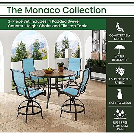 Hanover Monaco 5-Piece Outdoor High Dining Patio Set, 4 Counter-Height Padded Sling Swivel Chairs and 56" Round Tile Table, Brushed Bronze Finish, Rust-Resistant, All-Weather