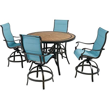 Hanover Monaco 5-Piece Outdoor High Dining Patio Set, 4 Counter-Height Padded Sling Swivel Chairs and 56" Round Tile Table, Brushed Bronze Finish, Rust-Resistant, All-Weather