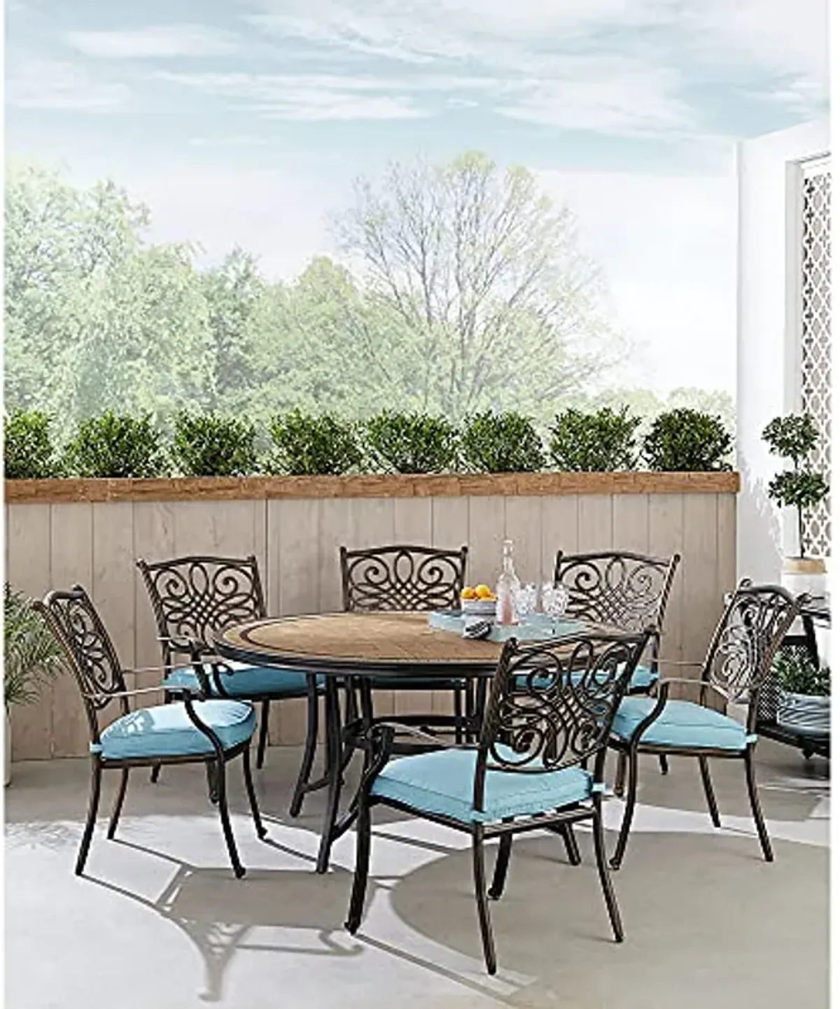 Hanover MONDN7PCRDTL-C-BLU Monaco 7-Piece Outdoor Patio Dining Set, 6 Cushioned Stationary Chairs and 60" Round Tile Table, Brushed Bronze Finish, Rust-Resistant, All-Weather-MONDN7PCRDTL-C-BLU, Blue