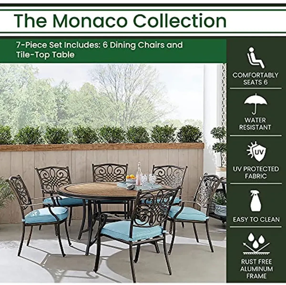 Hanover MONDN7PCRDTL-C-BLU Monaco 7-Piece Outdoor Patio Dining Set, 6 Cushioned Stationary Chairs and 60" Round Tile Table, Brushed Bronze Finish, Rust-Resistant, All-Weather-MONDN7PCRDTL-C-BLU, Blue