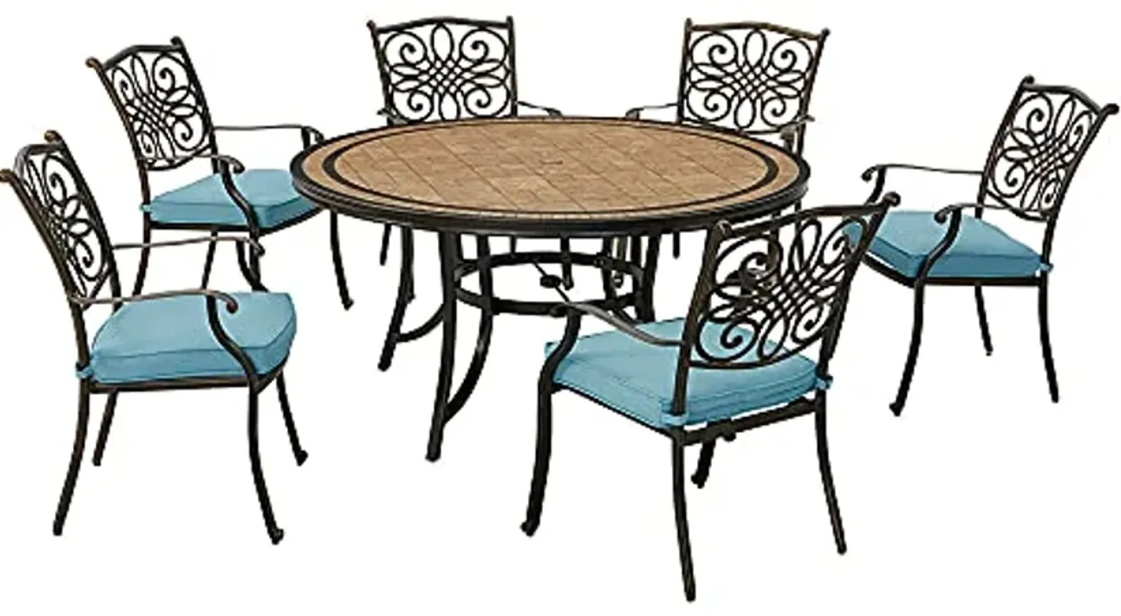 Hanover MONDN7PCRDTL-C-BLU Monaco 7-Piece Outdoor Patio Dining Set, 6 Cushioned Stationary Chairs and 60" Round Tile Table, Brushed Bronze Finish, Rust-Resistant, All-Weather-MONDN7PCRDTL-C-BLU, Blue