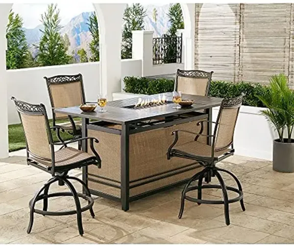 Hanover Fontana 5-Piece Outdoor High-Dining Patio Set with Fire Pit, 4 Sling Swivel Counter-Height Chairs and Slat-Top Gas Fire Pit Aluminum Table, Rust-Resistant, All-Weather Fire Pit Patio Set