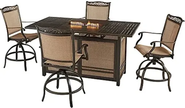 Hanover Fontana 5-Piece Outdoor High-Dining Patio Set with Fire Pit, 4 Sling Swivel Counter-Height Chairs and Slat-Top Gas Fire Pit Aluminum Table, Rust-Resistant, All-Weather Fire Pit Patio Set
