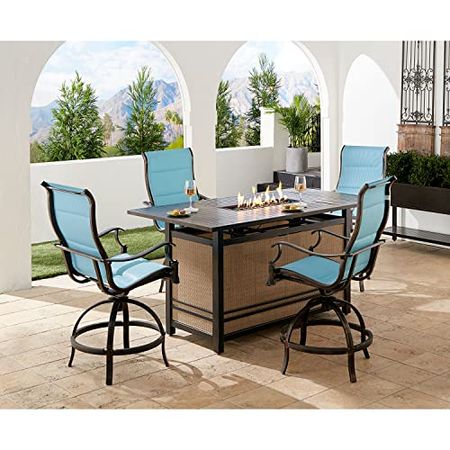 Hanover Traditions 5-Piece Outdoor High Dining Fire Patio Set, 4 Counter-Height Padded Sling Swivel Chairs and Slat-Top Gas Fire Pit Aluminum Table, Brushed Bronze Finish, Rust-Resistant, All-Weather