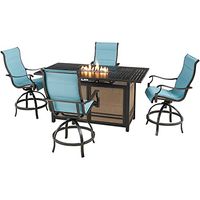 Hanover Traditions 5-Piece Outdoor High Dining Fire Patio Set, 4 Counter-Height Padded Sling Swivel Chairs and Slat-Top Gas Fire Pit Aluminum Table, Brushed Bronze Finish, Rust-Resistant, All-Weather