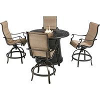 Hanover Traditions 5-Piece Outdoor High Dining Fire Patio Set, 4 Counter-Height Padded Sling Swivel Chairs and 48" Round Gas Fire Pit Cast Aluminum Table, Brushed Bronze Finish, Rust-Resistant.
