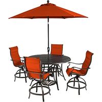 Hanover Traditions 5-Piece Outdoor High Dining Patio Set, 4 Counter-Height Padded Sling Swivel Chairs, 56" Round Cast Aluminum Table, 9' Umbrella, and Umbrella Base, Brushed Bronze Finish