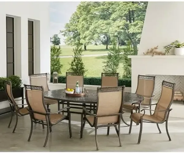 Hanover Manor 9-Piece Outdoor Patio Dining Set, 8 Sling Stationary Chairs and 95"x60" Oval Cast Aluminum Table, Brushed Bronze Finish, Rust-Resistant, All-Weather
