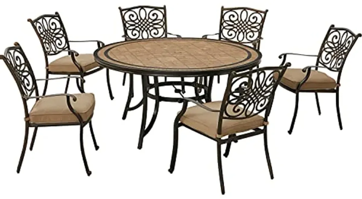 Hanover Monaco 7-Piece Outdoor Patio Dining Set with 6 Cushioned Stationary Chairs and 60" Round Tile Patio Table, Brushed Bronze Finish, Rust and Weather-Resistant Outdoor Dining Set for 6