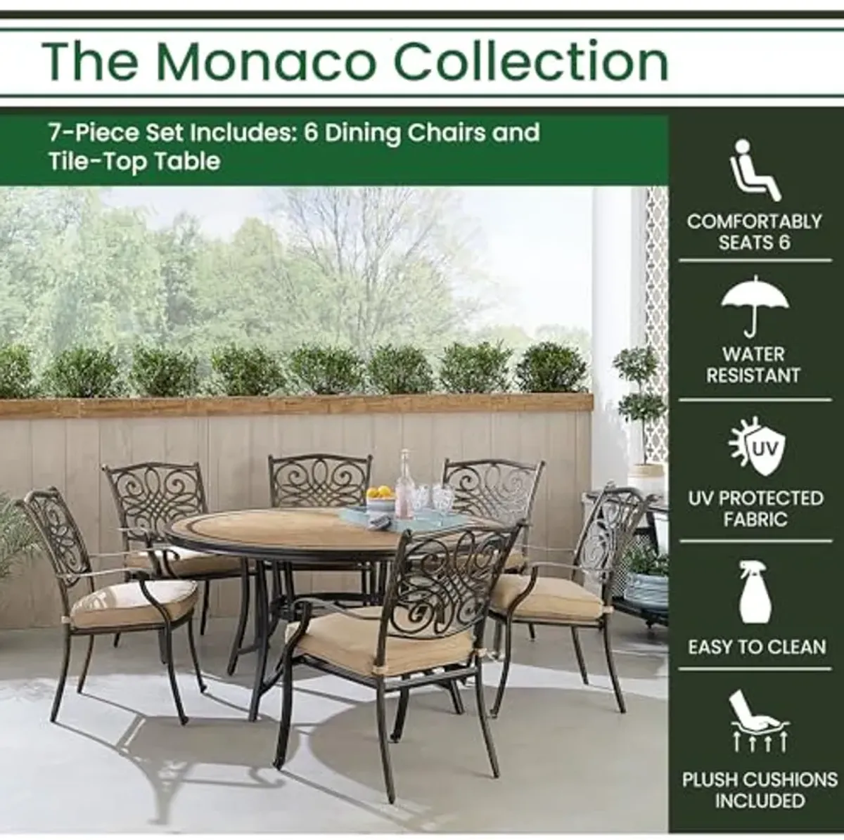 Hanover Monaco 7-Piece Outdoor Patio Dining Set with 6 Cushioned Stationary Chairs and 60" Round Tile Patio Table, Brushed Bronze Finish, Rust and Weather-Resistant Outdoor Dining Set for 6