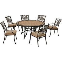 Hanover MONDN7PCRDTL-C-TAN Monaco 7-Piece Outdoor Patio Dining Set, 6 Cushioned Stationary Chairs and 60" Round Tile Table, Brushed Bronze Finish, Rust-Resistant, All-Weather-MONDN7PCRDTL-C-TAN, Tan