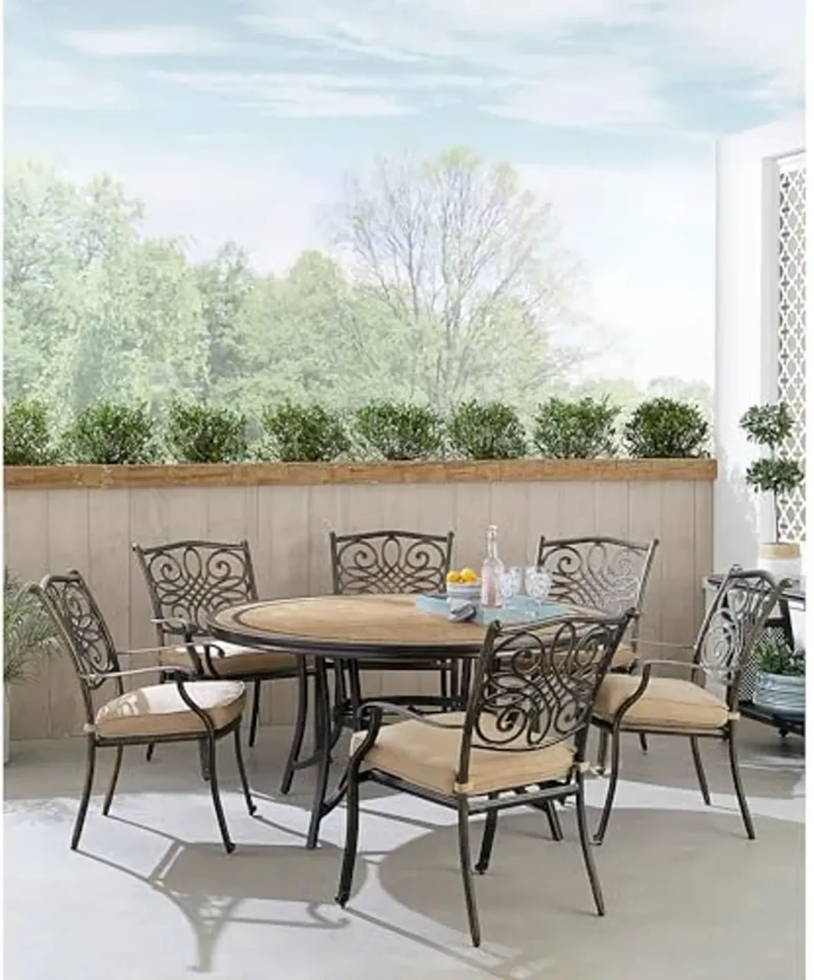 Hanover Monaco 7-Piece Outdoor Patio Dining Set with 6 Cushioned Stationary Chairs and 60" Round Tile Patio Table, Brushed Bronze Finish, Rust and Weather-Resistant Outdoor Dining Set for 6