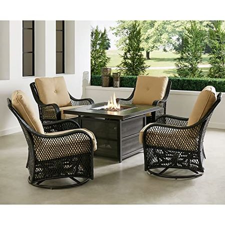 Hanover Orleans 5-Piece Deep Seating Set with 4 Cushioned Swivel Gliders in Tan and 38-in. 30,000 BTU Slat-Top Gas Fire Pit Table