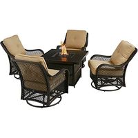 Hanover Orleans 5-Piece Deep Seating Set with 4 Cushioned Swivel Gliders in Tan and 38-in. 30,000 BTU Slat-Top Gas Fire Pit Table