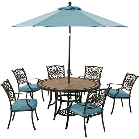 Hanover Monaco 7-Piece Outdoor Patio Dining Set, 6 Cushioned Stationary Chairs, 60" Round Tile Table, 9' Umbrella, and Umbrella Base, Brushed Bronze Finish, Rust-Resistant