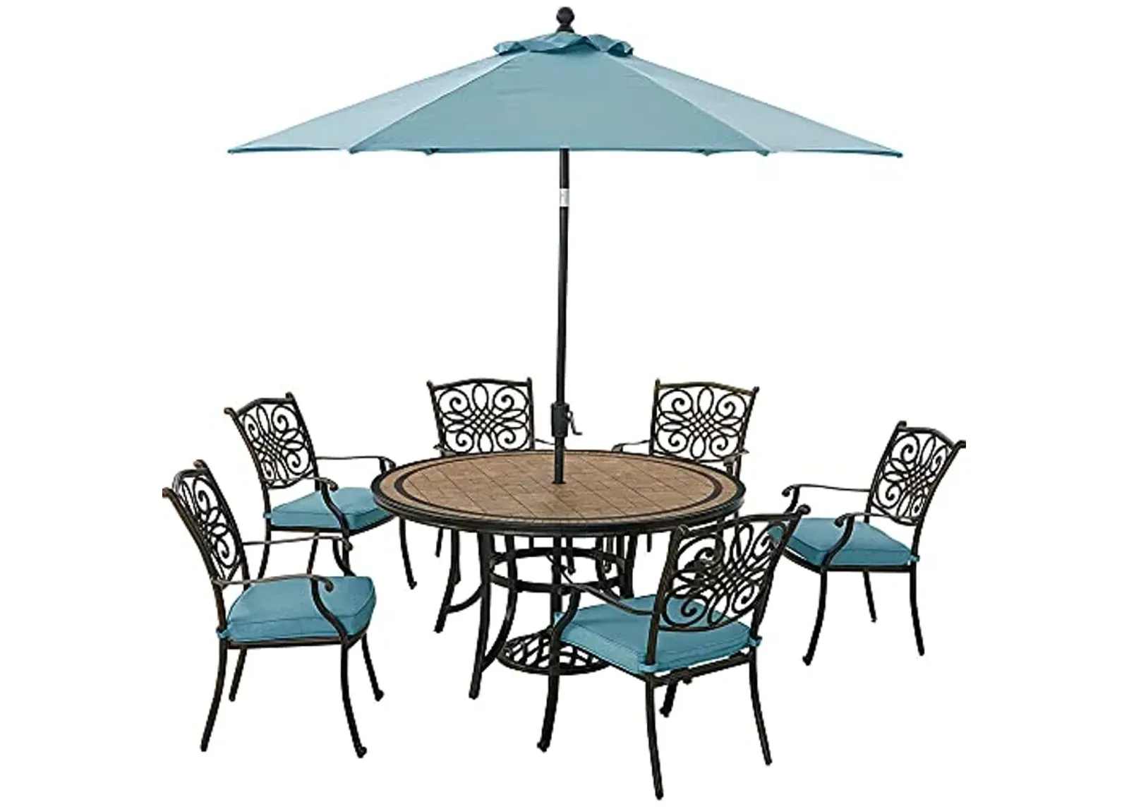 Hanover Monaco 7-Piece Outdoor Patio Dining Set, 6 Cushioned Stationary Chairs, 60" Round Tile Table, 9' Umbrella, and Umbrella Base, Brushed Bronze Finish, Rust-Resistant