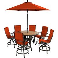Hanover Monaco 7-Piece Outdoor High Dining Patio Set, 6 Counter-Height Padded Sling Swivel Chairs, 56" Round Tile Table, 9' Umbrella, and Umbrella Base, Brushed Bronze Finish, Rust-Resistant