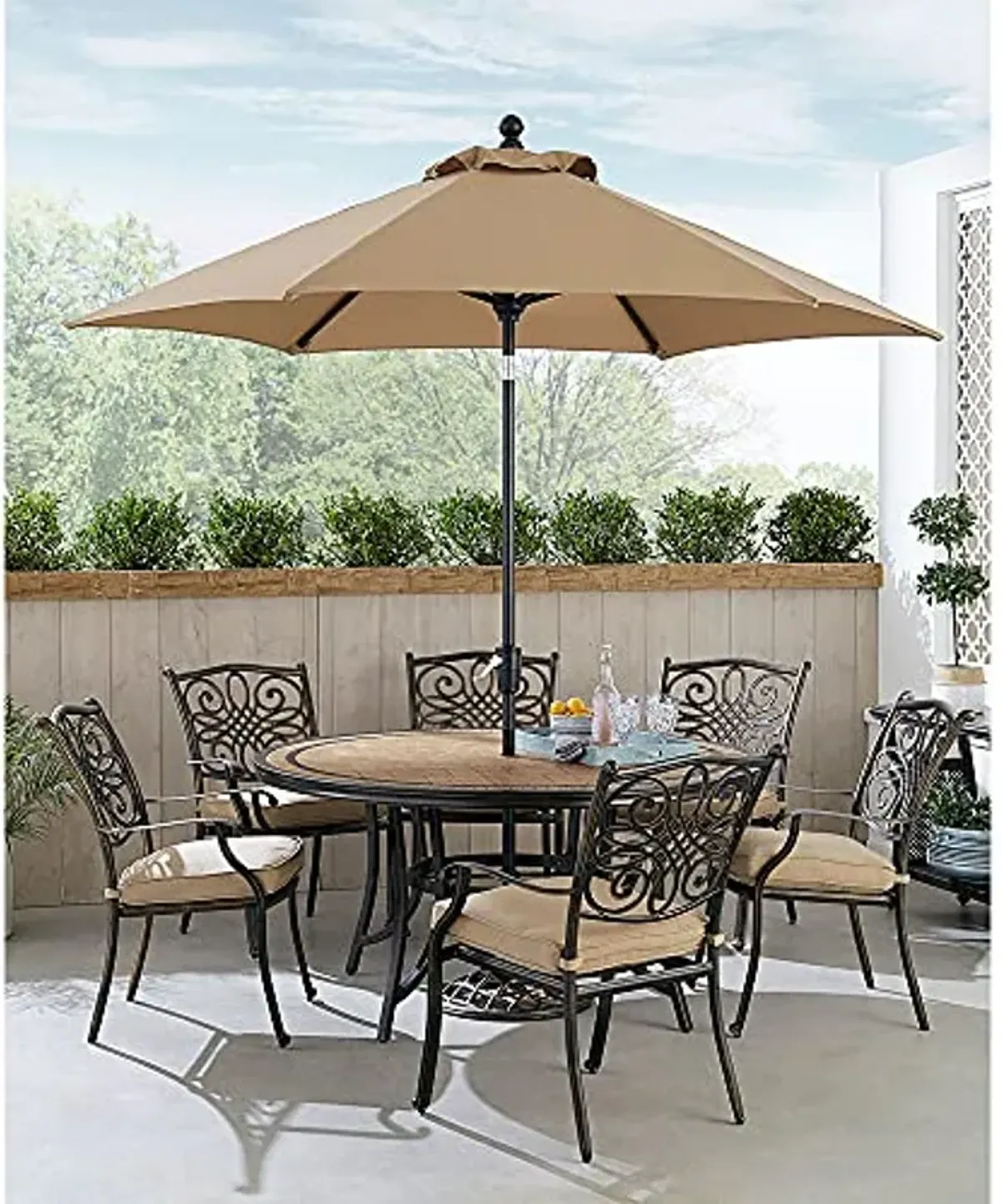 Hanover Monaco 7-Piece Outdoor Patio Dining Set, 6 Cushioned Stationary Chairs, 60" Round Tile Table, 9' Umbrella, and Umbrella Base, Brushed Bronze Finish, Rust-Resistant, All-Weather