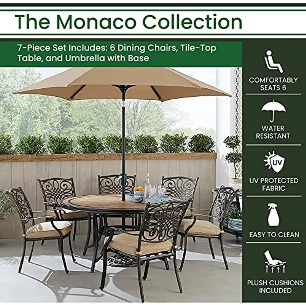 Hanover Monaco 7-Piece Outdoor Patio Dining Set, 6 Cushioned Stationary Chairs, 60" Round Tile Table, 9' Umbrella, and Umbrella Base, Brushed Bronze Finish, Rust-Resistant, All-Weather