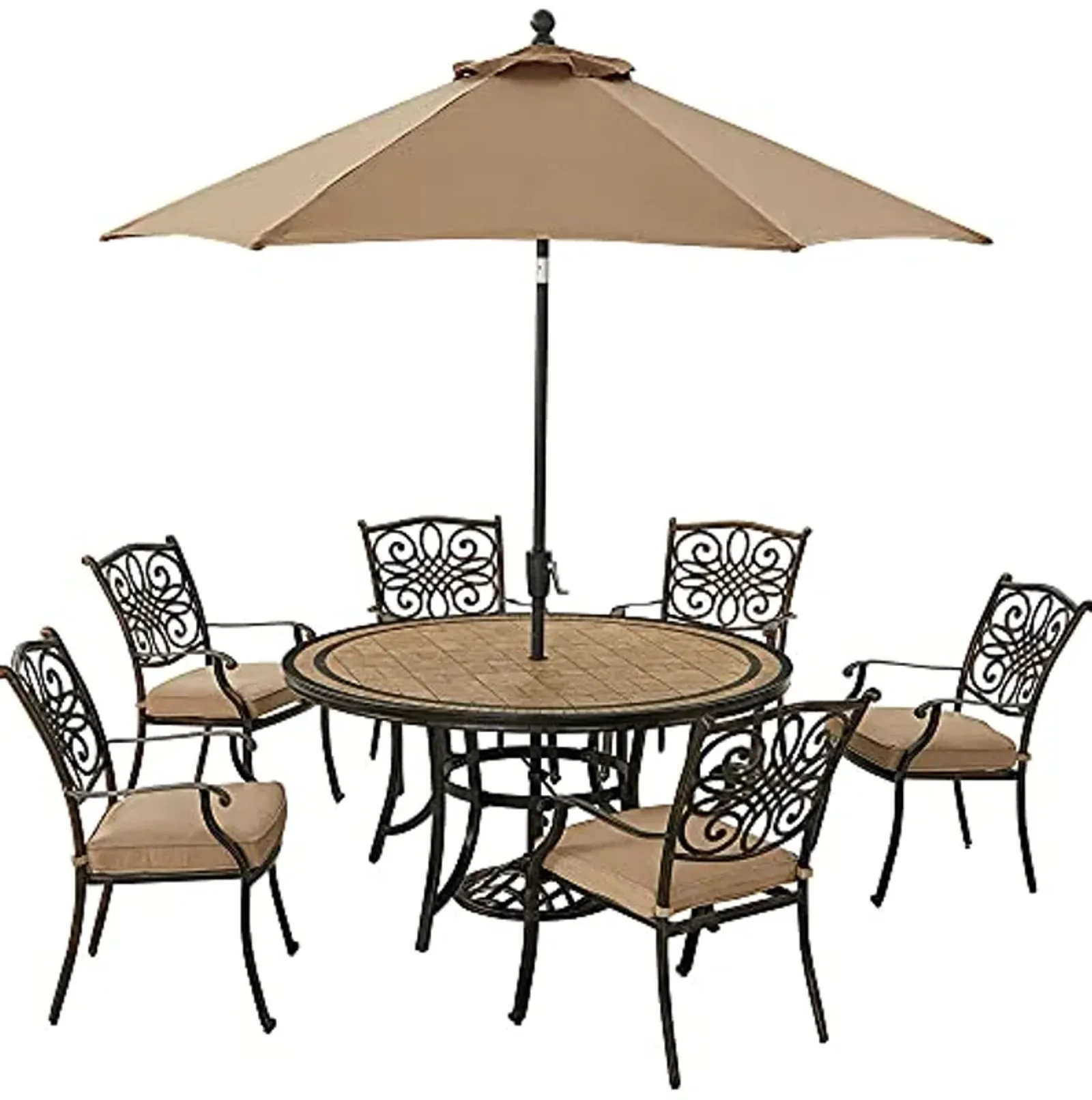 Hanover Monaco 7-Piece Outdoor Patio Dining Set, 6 Cushioned Stationary Chairs, 60" Round Tile Table, 9' Umbrella, and Umbrella Base, Brushed Bronze Finish, Rust-Resistant, All-Weather