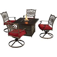 Hanover Traditions 5-Piece Outdoor Patio Fire Pit Seating Set, 4 Cushioned Swivel Rockers, 38" Square Aluminum Slat Top Gas Fire Pit Table with Lid, Brushed Bronze Finish, Rust-Resistant, All-Weather
