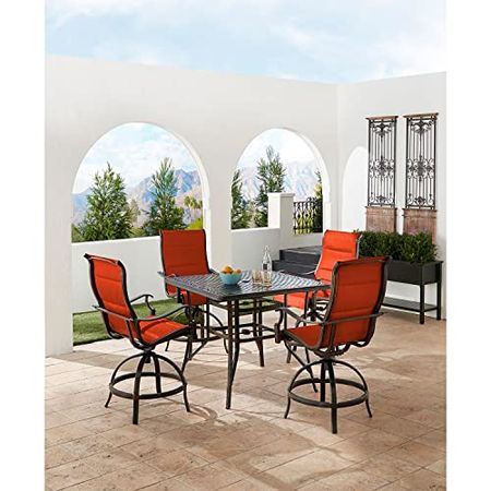 Hanover Traditions 5-Piece Outdoor High Dining Patio Set, 4 Counter-Height Padded Sling Swivel Chairs and 42" Square Cast Aluminum Table, Brushed Bronze Finish, Rust-Resistant, All-Weather