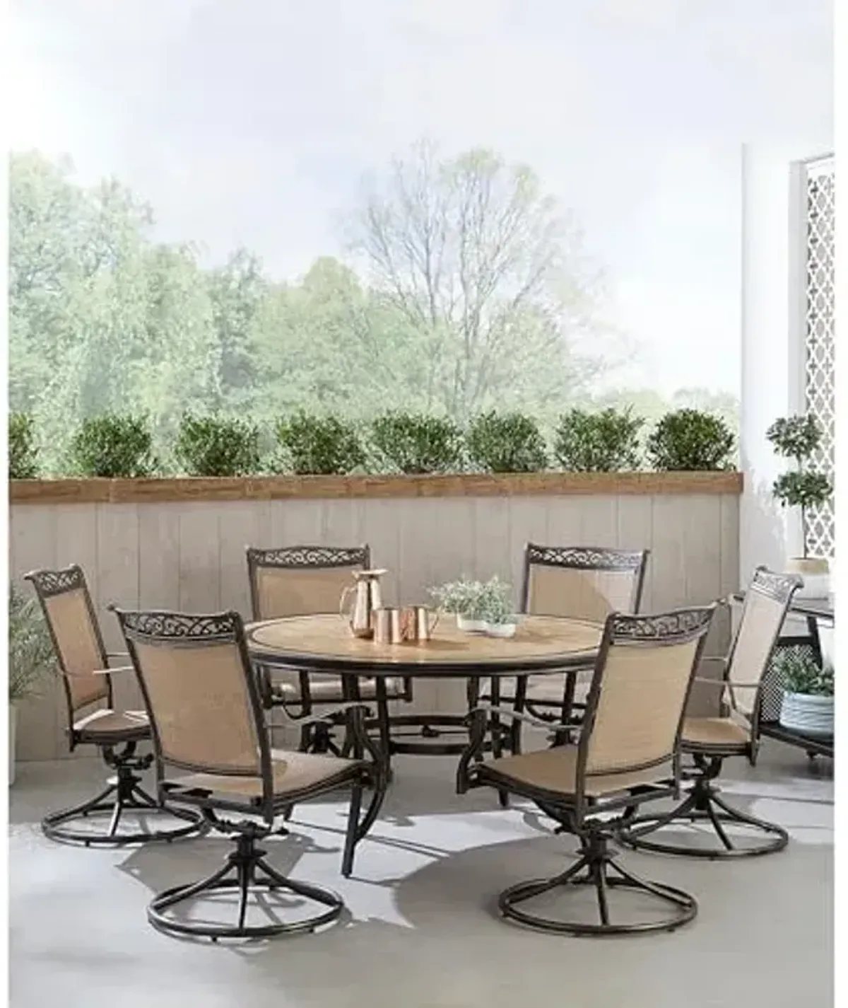 Hanover Fontana 7-Piece Outdoor Dining Set with 6 Sling Swivel Rocker Chairs and 60" Round Tile Outdoor Dining Table, Rust-Resistant, All-Weather Patio Dining Set, Brushed Bronze Finish