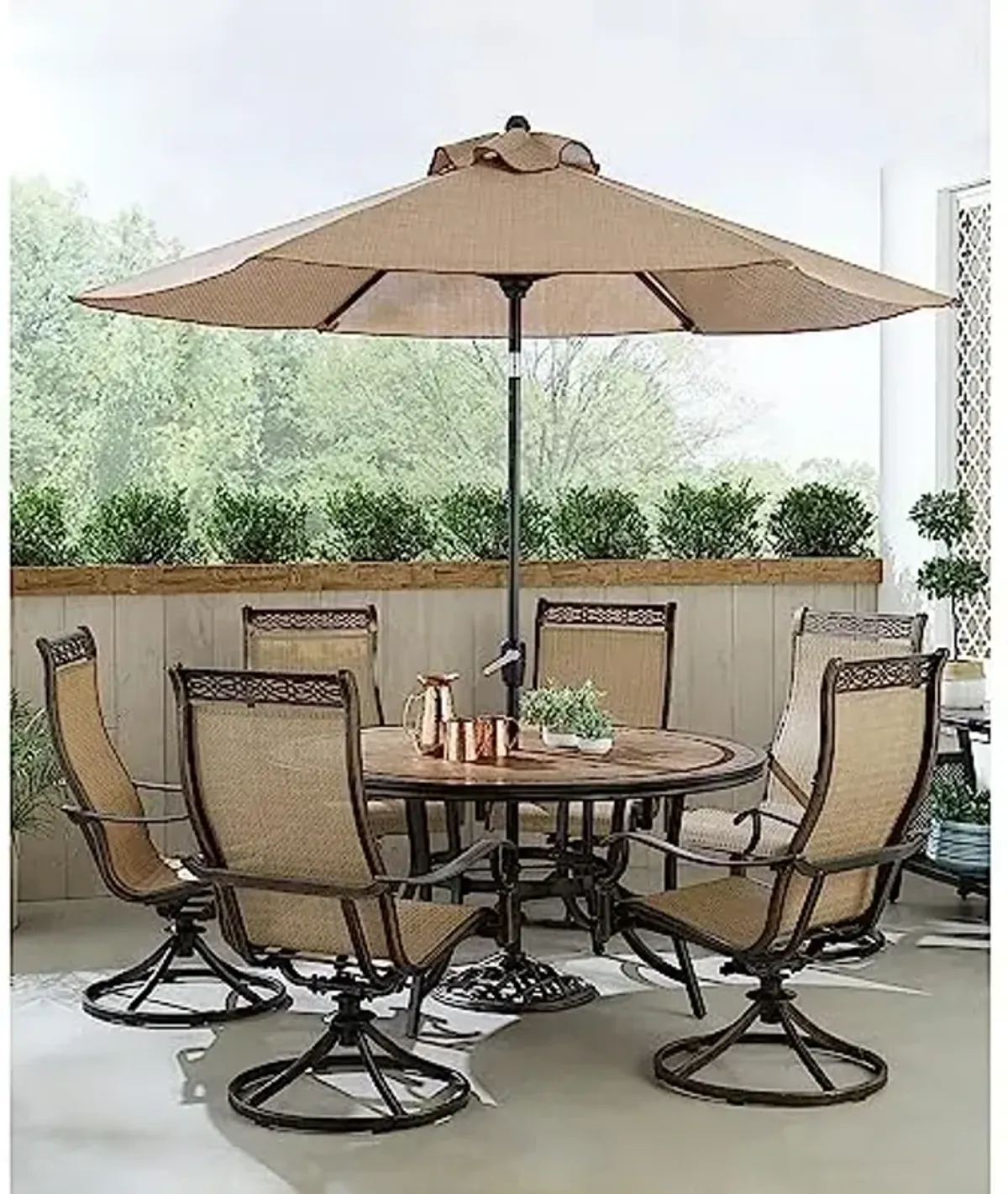 Hanover Monaco 7-Piece Outdoor Patio Dining Set, 6 Sling Swivel Rocker Chairs, 60" Round Tile Table, 9' Umbrella, and Umbrella Base, Brushed Bronze Finish, Rust-Resistant, All-Weather