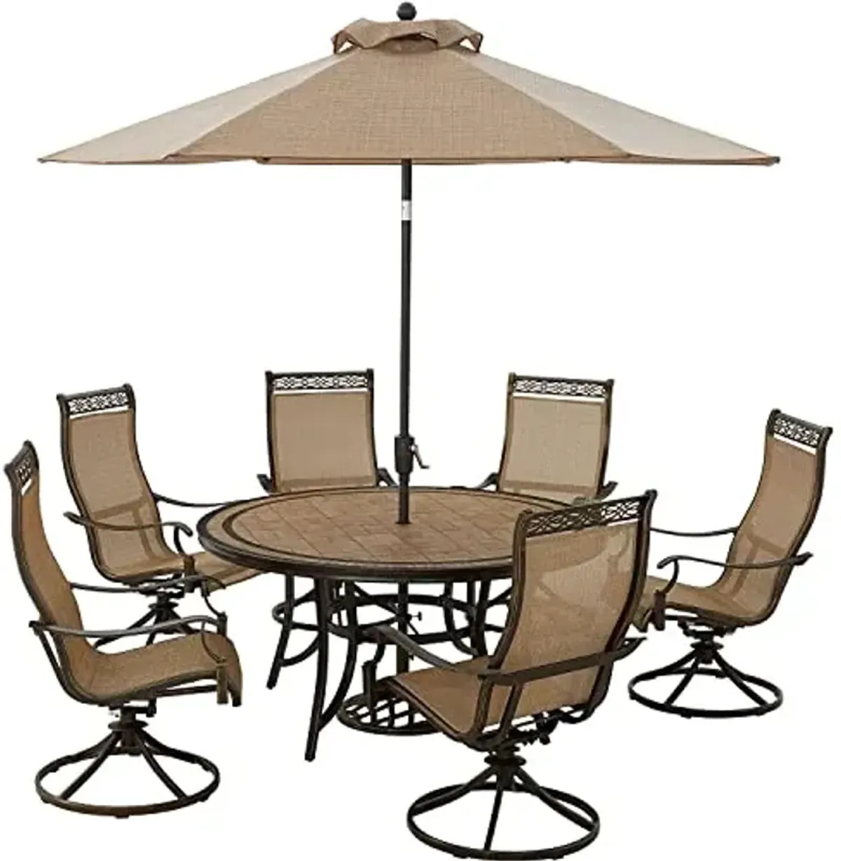 Hanover Monaco 7-Piece Outdoor Patio Dining Set, 6 Sling Swivel Rocker Chairs, 60" Round Tile Table, 9' Umbrella, and Umbrella Base, Brushed Bronze Finish, Rust-Resistant, All-Weather