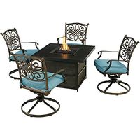 Hanover Traditions 5-Piece Outdoor Patio Fire Pit Seating Set, 4 Cushioned Swivel Rockers, 38" Square Aluminum Slat Top Gas Fire Pit Table with Lid, Brushed Bronze Finish, Rust-Resistant, All-Weather