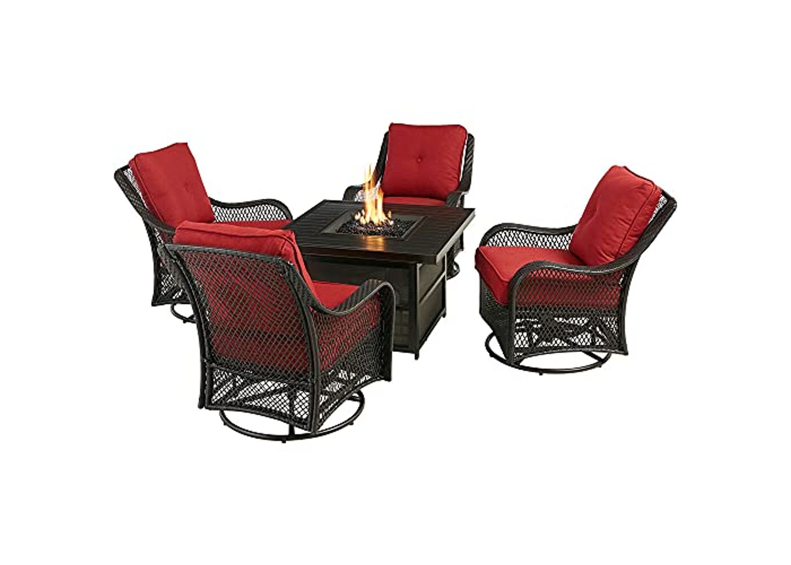 Hanover Orleans 5-Piece Outdoor Patio Fire Pit Seating Set, 4 Cushioned Deep Seating Wicker Rocker Chairs, 38" Square Aluminum Slat Top Gas Fire Pit Table with Lid, Brushed Bronze Finish