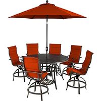 Hanover Traditions 7-Piece Outdoor High Dining Patio Set, 6 Counter-Height Padded Sling Swivel Chairs, 56" Round Cast Aluminum Table, 9' Umbrella, and Umbrella Base, Brushed Bronze Finish